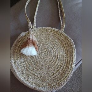 America & Beyond Jute Round woven should strap bag with gold cording design